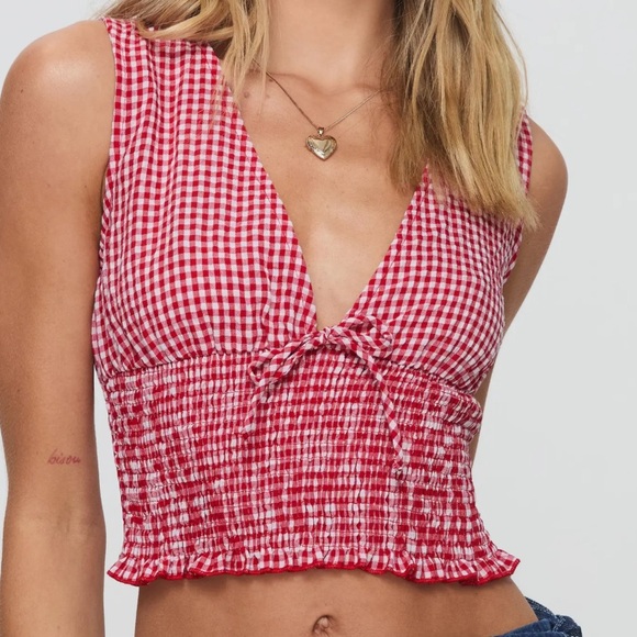 Princess Polly Tops - Princess Polly Red Gingham Smocked Crop Top